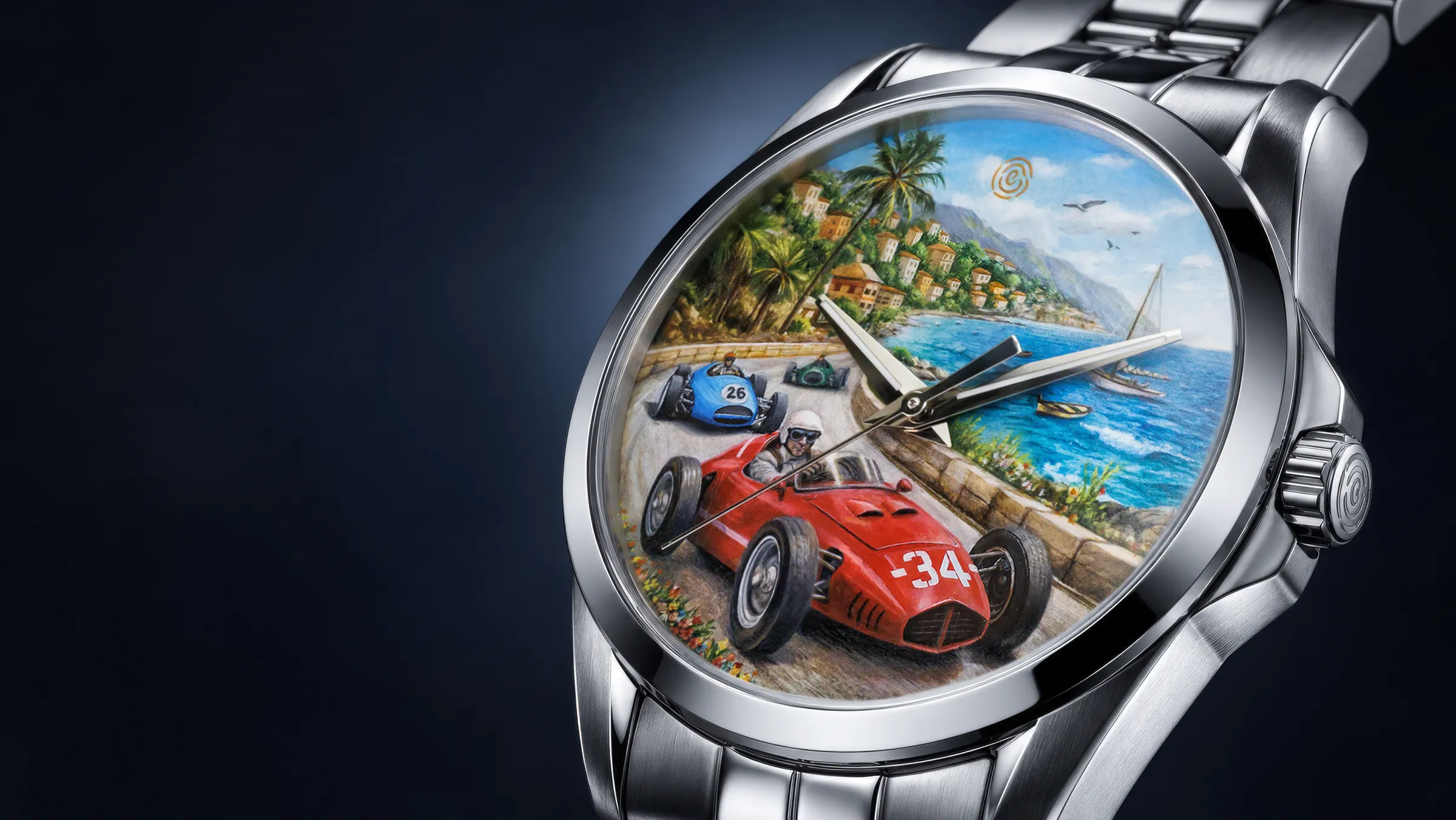 Hand-painted coastal race dial, close-up