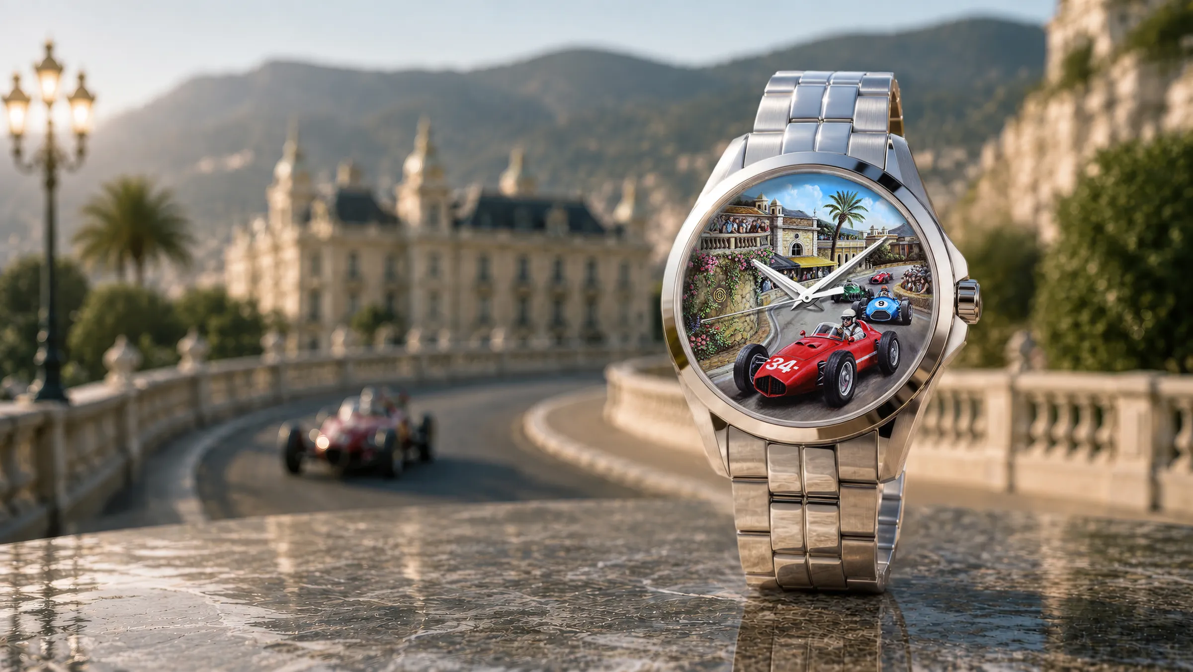 Watch standing on a Monaco street at dusk