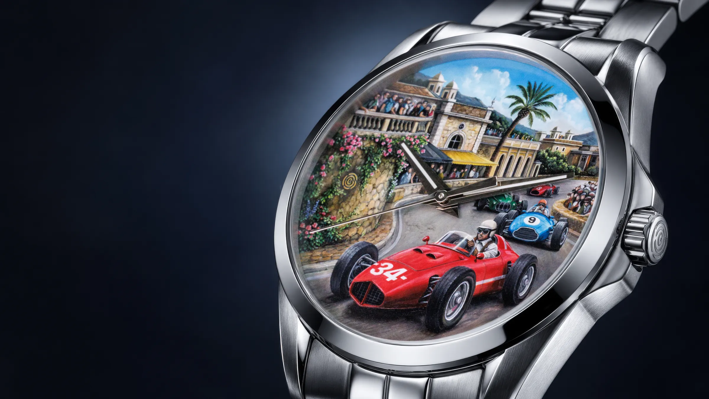 Hand-painted Monaco circuit dial, close-up